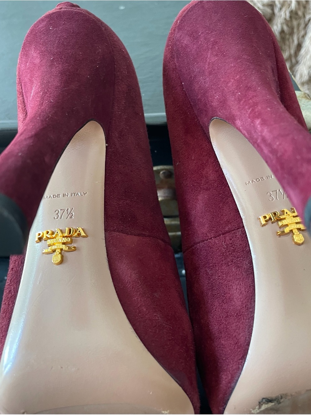 Prada Burgundy Suede Heeled Pumps with Gold Logo